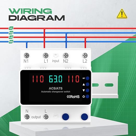 Automatic Transfer Switch 63A 110V, DIN Rail Mount Generator Transfer Switch with Automatic and Manual Operation, LED Display, Over Voltage and Over Current Protection, 50/60Hz