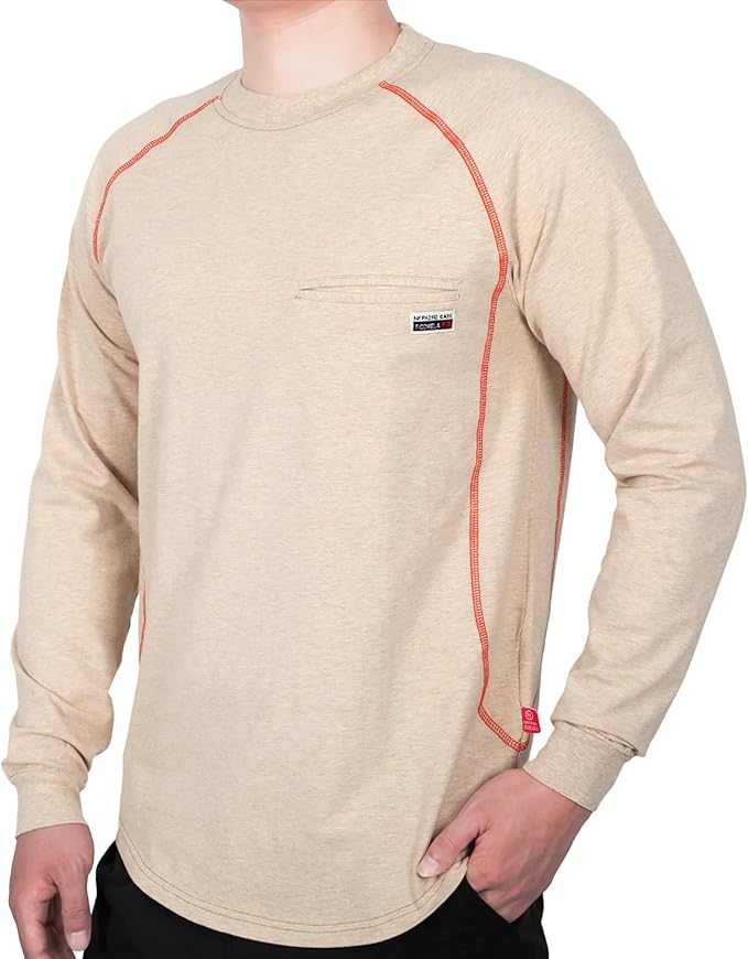 TICOMELA FR T-Shirt, Flame Resistant, Stretch Fit, Hidden Pocket, 6oz Crew Neck Work Shirt for Men 100% Cotton