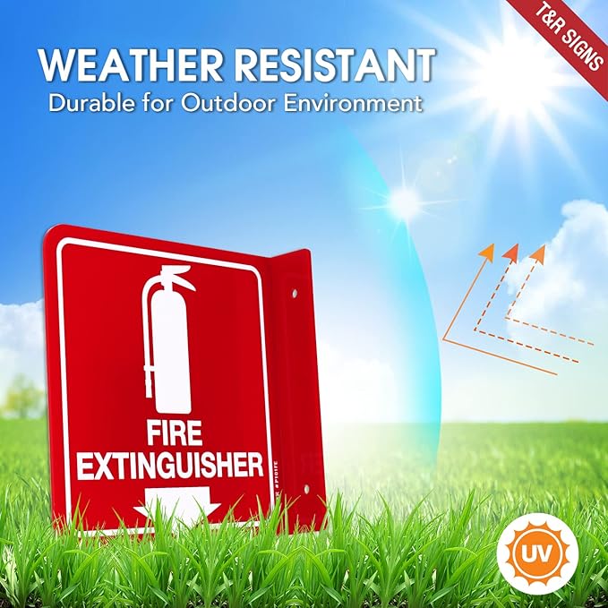 T&R Fire Extinguisher Sign, Fire Extinguisher with Down Arrow - 4 Pack - 6 x 6 Inches Acrylic, 2 pre-drilled holes, Includes Matching Screws, Use for Home Office/Business
