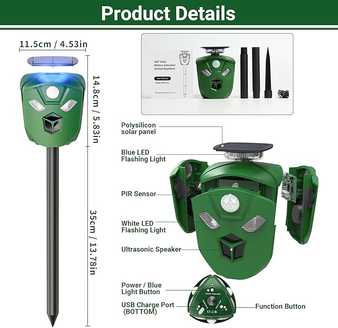 360° Solar Ultrasonic Animal Repellent Outdoor, Deer Repellent Devices with Flash Lights, Animal Deterrent Devices Outdoor for Squirrels, Snakes, Cats, Dogs, Rabbits, Opossums, Coyotes, Raccoons
