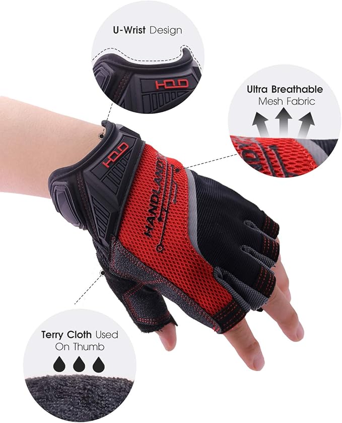 HANDLANDY Fingerless Work Gloves for Men, Half Finger Working Glove Grip Shock-Absorbing Breathable Uwrist TPR Anti-collision Gloves for Mens & Women (L)