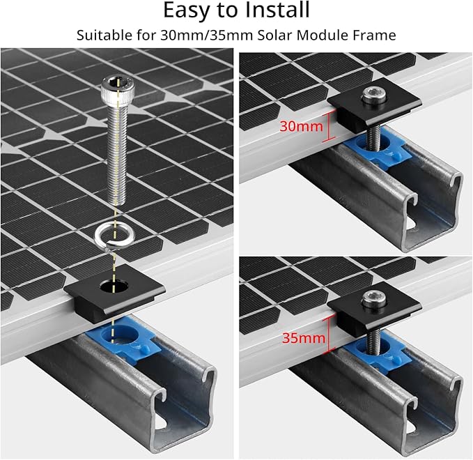 Anbte 20pcs Solar Panels Mid Clamps for Unistrut, Aluminium 30mm/35mm Solar Panel Brackets, Mounting Kit for Metal Roof, Tin Roof, Flat Roof, Sheet Roof, RV, Black