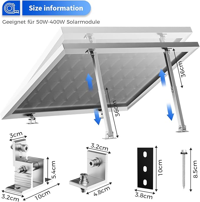 1 Set Adjustable Solar Panel Tilt Mount Brackets Aluminum Alloy Mounting Bracket Stand Systems Support 50W 70W 100W 150W 200W 300W 400W Panels for Roof/Boat/Flat Surface