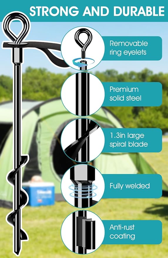 Ground Anchors Screw in 4Pcs, Trampoline Stakes Anchors with Straps Resistant High Wind, Earth Anchor for Swing Set, Tent, Trampolines, Carport, Canopies(4x15in)