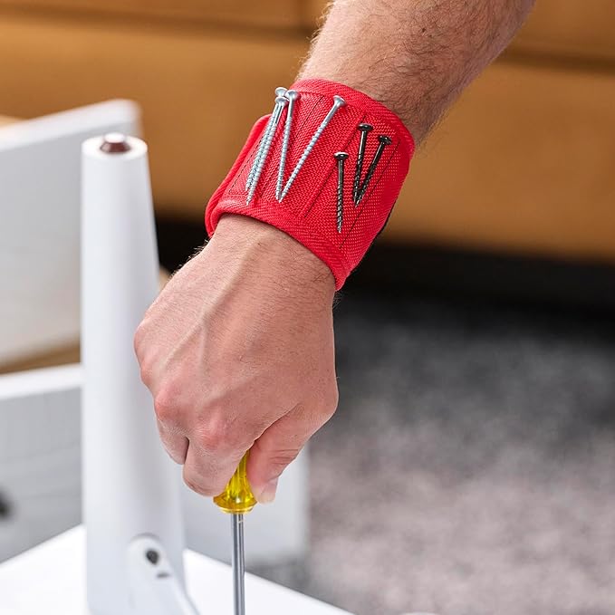 MagSnap Magnetic Wristband by Wrap-It Storage - Red - Great Gift for Dad Tool Belt and Screw Holder