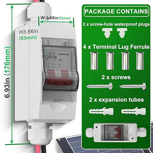 32 Amp Solar Disconnect Switch DC500V Circuit Breaker, AC 120V/240V Disconnect Box Outdoor IP65 Waterproof