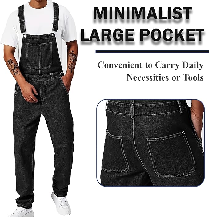 Men's Bib Overall Relaxed Fit Adjustable Strap Denim Work Pants with Large Pockets Durable Comfortable Jumpsuit for Men