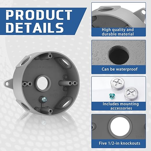 Juexica 4 Pcs 4 Inch Round Electrical Box 3/4 Inch 5 Holes Weatherproof Outlet Junction Ceiling Fan Box for Outdoor Lighting Systems, UL Listed(Gray)