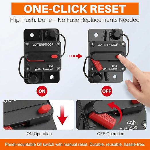 60Amp Circuit Breaker for Boat Trolling Motor Marine, 12V-48V DC Breaker with Manual Reset Waterproof Inline Fuse for ATV/RV/Trailer/Automotive/Car/Solar System/Electronic Battery Disconnect