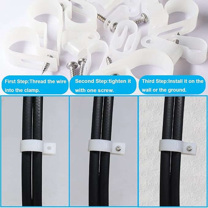 TWTADE 306PCS White Cable Clamps Assortment Kit, Nylon Plastic R-Type 6 Sizes 3/16'' 1/4'' 3/8'' 1/2'' 3/4'' 1'' Cable Mounting Wire Clips Fastener with Screws for Wire Management