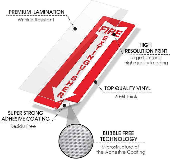 (12 Pack) Fire Extinguisher Sign, Safety Sticker Signs, 4x12 Inches, 6 Mil Vinyl Self Adhesive Durable Decal Stickers, Long Lasting, Weatherproof and UV Protected, Ideal for Home, Office or Boat