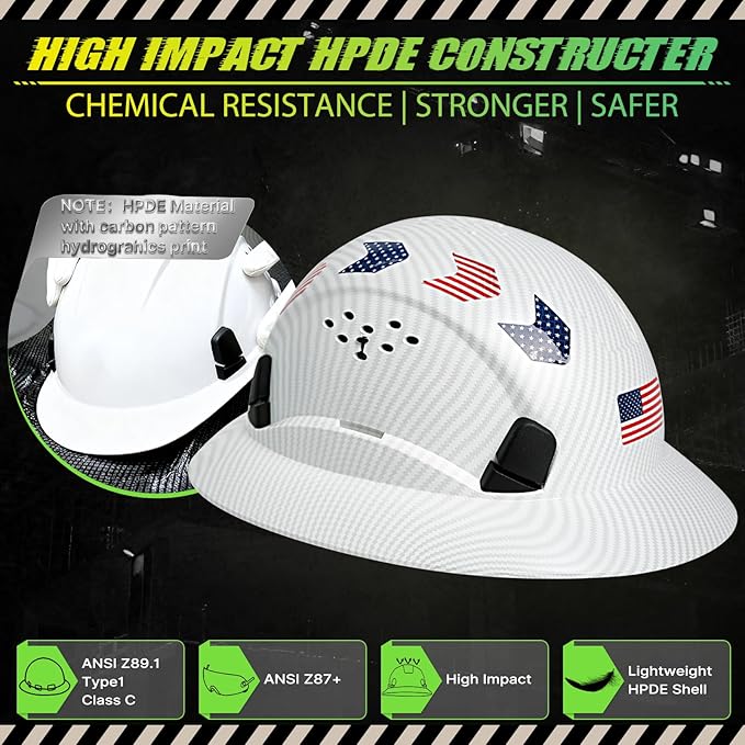 Carbon Fiber Pattern Full Brim Hard Hat with Visor-OSHA Approved Construction Safety Helmet for Men Women,ANSI Z89.1 Vented Reflective Hardhat with Hard Hat Chin Strap,6-Point Suspension