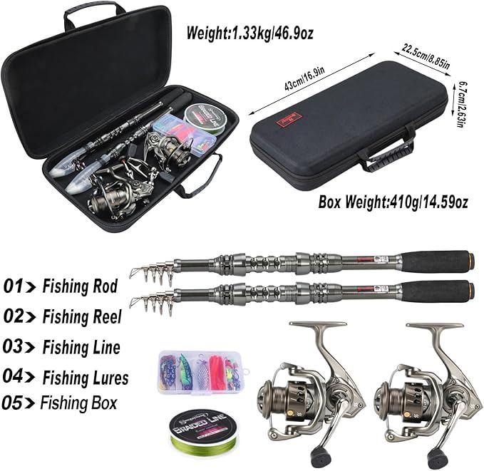 Sougayilang Fishing Rod and Reel Combo – 5.9FT Telescopic Carbon Fiber Fishing Pole with 12+1 BB Spinning Reel, Saltwater Freshwater Kit