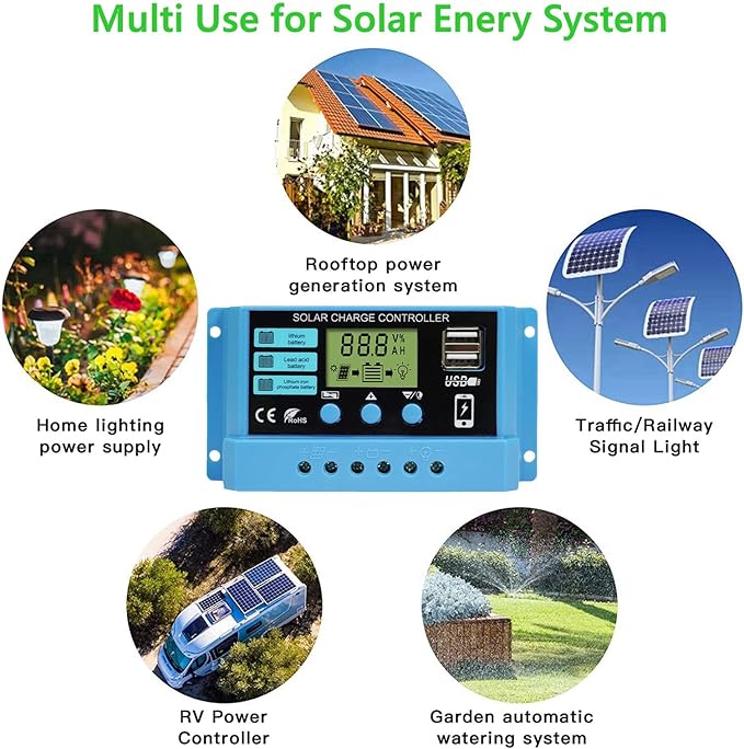 Peidesi PWM 30A Solar Charge Controller 12V 24V PV Regulator for Lifepo4 Lithium Gel Lead Acid for 100W 200W 300W Solar Panel LCD Display Dual USB 5V Output PDS-12V30A-CON