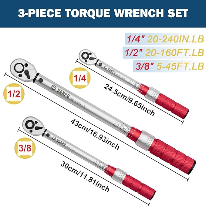 VANPO 3-Piece Click Torque Wrench Set 1/4", 3/8", 1/2" Drive – 20-240 in-lb, 5-45 ft-lb, 20-160 ft-lb, ±3% Accuracy, Dual Direction 72-Tooth Ratchet for Bike, Motorcycle, Car & Automotive Use