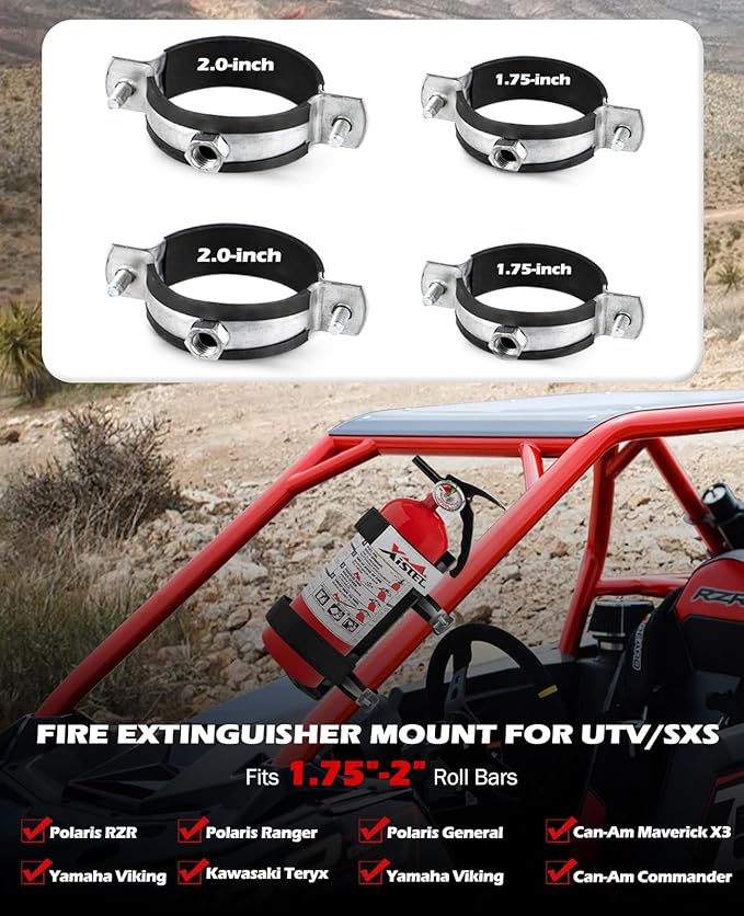 Quick Release UTV Fire Extinguisher Mount Kit Fire Extinguisher Holder Adjustable Roll Bar Fire Extinguishers Mount Bracket for Vehicle Easy Install on 1.75"-2" Roll Cage SXS Polaris RZR Can Am X3