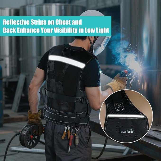 MELOTOUGH Tool Vest for Men with Pouches and Belt, Adjustable Multi-Pocket Safety Tool Vest for Electrician, Carpenter(Black)