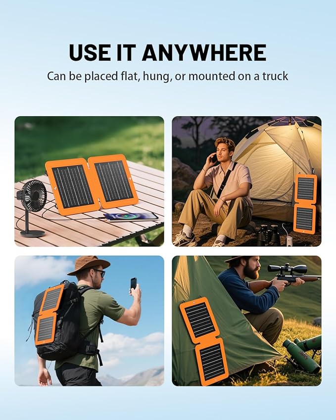 Solar Panels, 10W Small Solar Charger with 5V USB-A and USB-C Fast Charging IPX5 Waterproof Foldable Portable Solar Panel for Camping, Hiking Compatible with iPhone, iPad, Power Banks