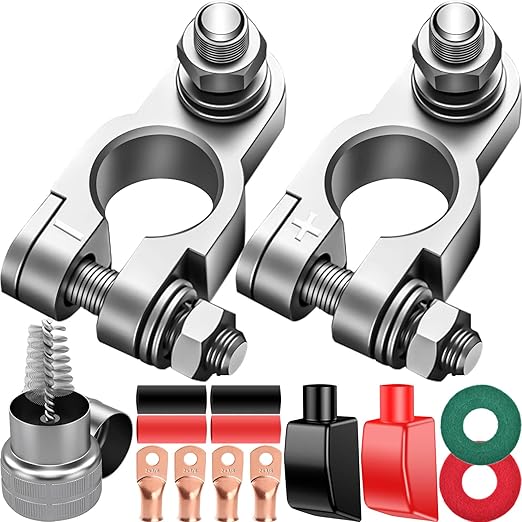 Battery Terminal Connectors, Complete kit Battery Terminals, Brush, with 4 Pcs 2 Gauge 3/8" Copper Lugs, 4 Heatshrink tubes, 2 Terminal Covers and 2 Anti Corrosion Washers For Car/Boat/Tractor
