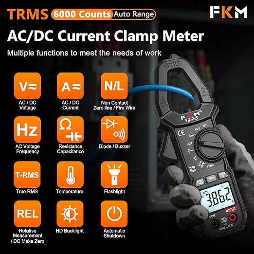 FKM AC/DC 600 Amp Clamp Meter Multimeter Tester TRMS 6000 Counts Auto-ranging Smart Digital Voltage Tester,for AC/DC Current/Voltage,NCV Detection,Capacitance,Resistance,Ohm,Continuity,Diode,Hz,Temp