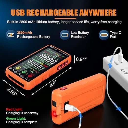 FKM Pro Digital Multimeter Tester TRMS 6000 Counts,Smart Rechargeable Voltmeter 5"Color LCD,Auto-Ranging Automotive Multimeters,for AC/DC Current/Voltage,NCV,Ohm,Capacitance,Resistance,Continuity,Temp