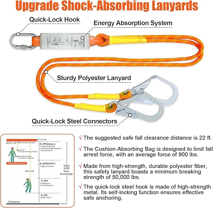 Safety Harness Fall Protection Kit,INTERNAL Shock Absorbing Landyard&Hook Full Body Safety Harness for Construction,Roofing Work Harnesses,OSHA/ANSI Compliant(Orange)