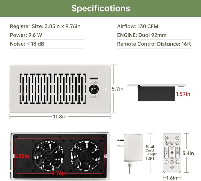 Register Booster Fan Fits 4” x 10” Register Holes, Smart Control Heating Cooling AC Vent Fan, 10-Speed Quiet Register Vent Booster Fans with Thermostat Control & Remote Control