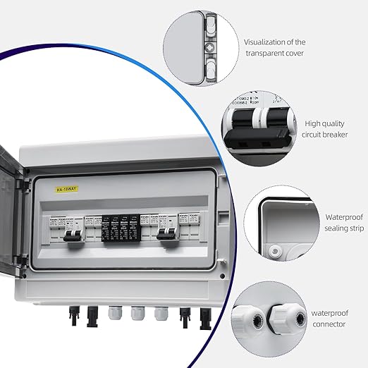PV Solar Combiner Box,50A 500V Junction Box IP65 Waterproof 4 String 4 in 2 Out PV Combiner Box for Solar Panel