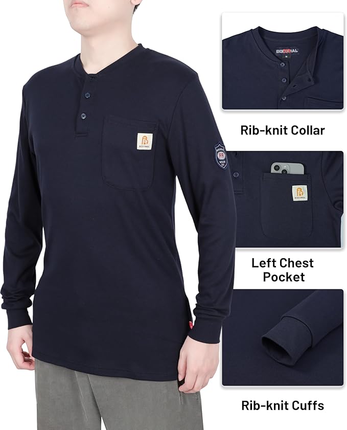BOCOMAL FR Shirts Henley 7oz Midweight Fire Resistant Clothing NFPA2112 CAT2 Men's Flame Retardant Work Shirt
