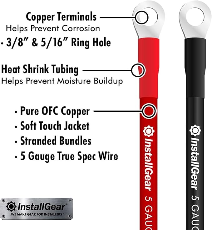 InstallGear 5 AWG Gauge 2ft Battery Power Inverter Cables for Solar, Auto, RV and Marine - RV Battery Cables - 99.9% Deoxigenized Copper, Set