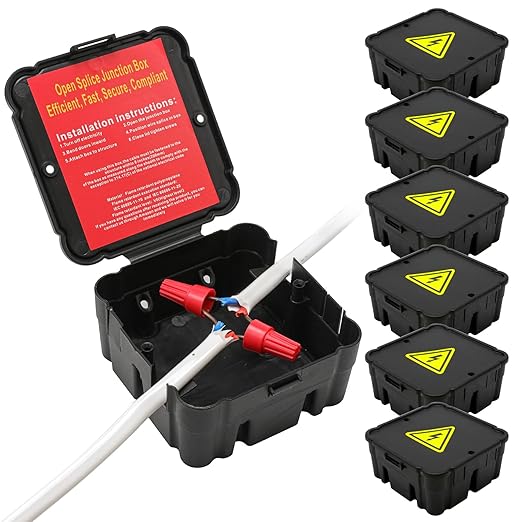 Black Open Splice Junction Box (6 Pack)，Open Splices Repair Open Splices, 5 Second Installation Splice Box, Wire Electrical Junction Box with Cover V0 Flame Retardant Rating(Highest Level)