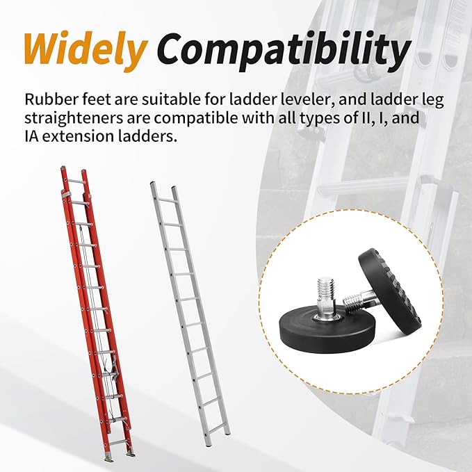 Ladder Leveler Rubber Feet for Type I,II and IA Extensions, Replacement Rubber Feet fit for Ladder Stabilizer Legs with Anti-Slip Threaded (1 Pair)
