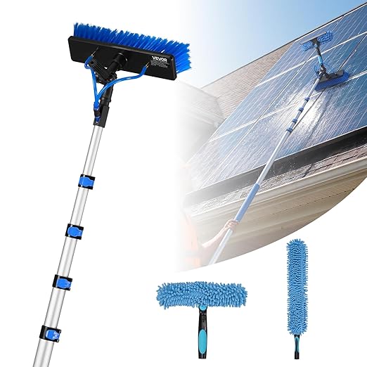 VEVOR Solar Panel Cleaning Kit, 24 ft, Water Fed Pole Kit with Cleaning Brush, Soap Dispenser, Extendable Aluminum Telescopic Pole, 180° Rotatable Brush Head, for Roof Mounted Solar Panels, Windows