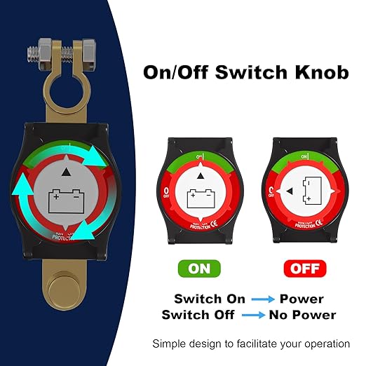 Heavy-Duty Top Post Battery Disconnect Switch, 12-48V Negative On/Off Kill Switch for Cars, RVs, Boats, and Solar Panels - Universal Fit with .67in & .83in Terminal Blocks