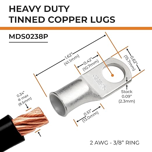 SELTERM 2pcs 2 AWG 3/8" Stud Tinned Copper Wire Lugs, Battery Lugs, Ring Terminals, Battery Cable Ends, 2 Gauge Ring Terminal Connectors, UL Marine Grade Electrical Battery Terminal Connectors
