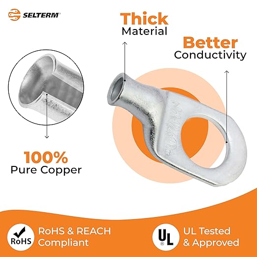 SELTERM 10pcs 8 AWG-1/2" Stud Tinned Copper Wire Lugs, Heavy Duty Battery Cable Ends,8 Gauge Ring Terminals, UL Battery Lugs Marine Grade Copper Eyelets Electrical Battery Terminal Connectors