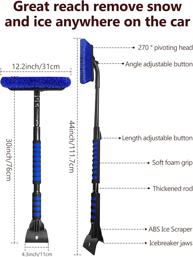 44'' Snow Brush Ice Scraper for Car Windshield Window, Extendable Snow Removal Tool Car Brush with Comfortable Foam Grip and Sturdy Aluminum Handle for Car, Truck, SUV Essentials Accessories