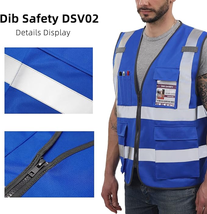 Dib Safety Reflective Vest ANSI Class 2, High Visibility Vest with Pockets and Zipper, Construction Work, Hi Vis