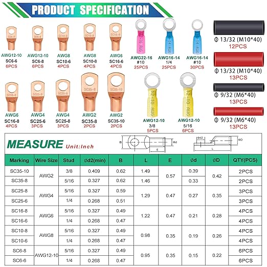 Twidec/180PCS Battery Cable Ends AWG 2 4 6 8 10 12 14 16 Gauge Copper Cable Wire Lugs,Ring Terminals Connectors,Copper Ring Terminals Connectors with Heat Shrink and Hammer Lug Crimper Tool
