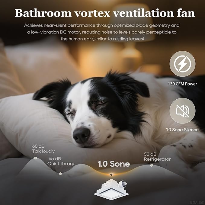 Bathroom Exhaust Fan 12" Panel Ultra Quiet without Light（10x10 Mount）, 1.0 Sone 130CFM, 4" Duct for Bathroom/Garage/Home
