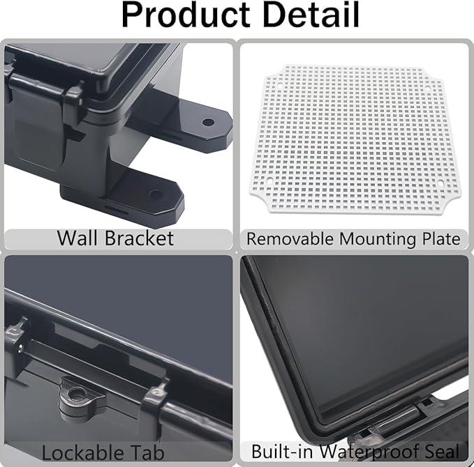 Junction Box, Hinged Black Cover IP67 Waterproof ABS Project Box with Mounting Plate Electrical Box Enclosure with Wall Bracket 8.3 x 8.3 x 4.3inch(210x210x110mm)