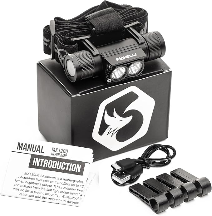 Foxelli Ultra Bright Rechargeable Headlamp – 18650 Battery, IPX7 Waterproof, 1200 Lumen LED Light for Work & Outdoors, with Battery & Hooks - Perfect for Hard Hat or Helmet
