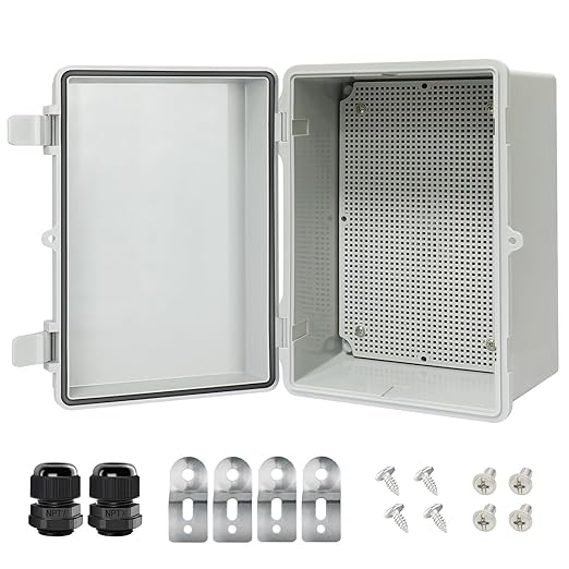 Junction Box IP65 Waterproof Electrical Box Outdoor ABS Plastic Project Box Hinged Shell Universal Enclosure Box with Mounting Plate, Wall Brackets, Cable Glands 11.4" x 7.5" x 5.5"
