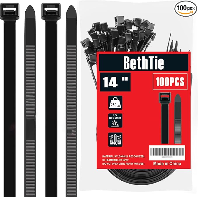 BethTie Black 14 inch Zip Ties Heavy Duty 100 PCS, 250 LBS Ultra Strong Plastic Wire Ties, Large Cable Ties Extra Long Tie Wraps, Indoor and Outdoor UV Resistant
