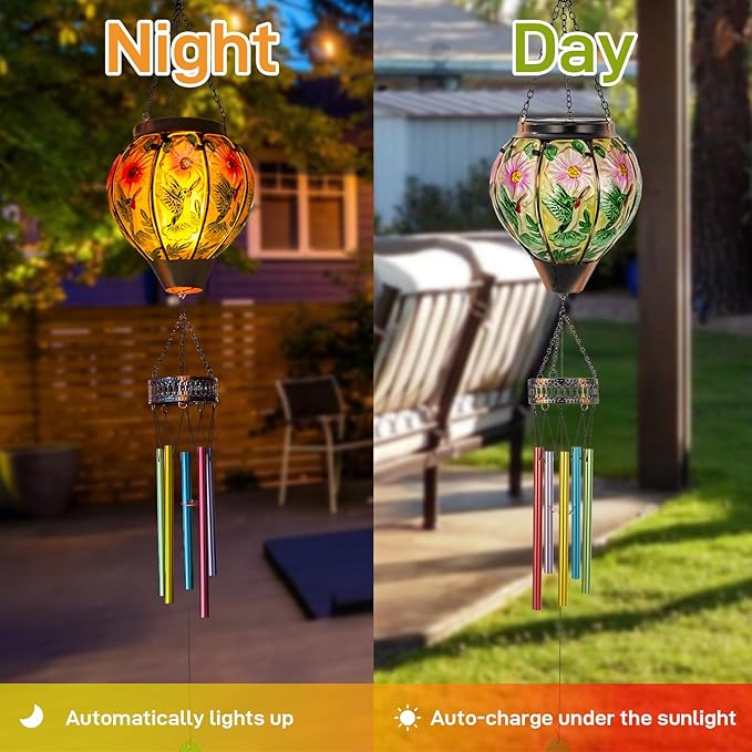 Hummingbird Wind Chimes,40.2” Solar Wind Chimes for Outside,Memorial Wind Chime with Lanterns,Solar Windchimes Outdoor for Mom Women Grandma,Hummingbird Hanging Windchime for Patio Yard Decor