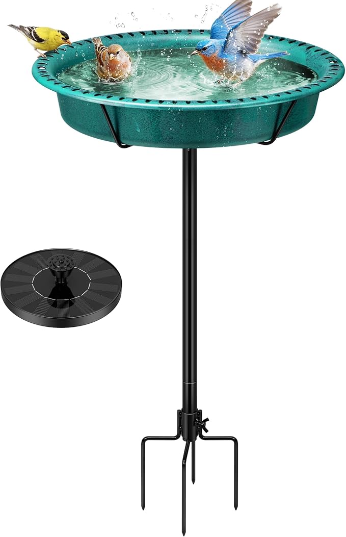 VIVOHOME Oval Bird Bath with Solar Fountain for Outside, Weather-Resistant ABS Birdbath Bowl with Solar Powered Pump, Metal Ground Stake for Outdoor, Garden, 1.3 Gallons, Green