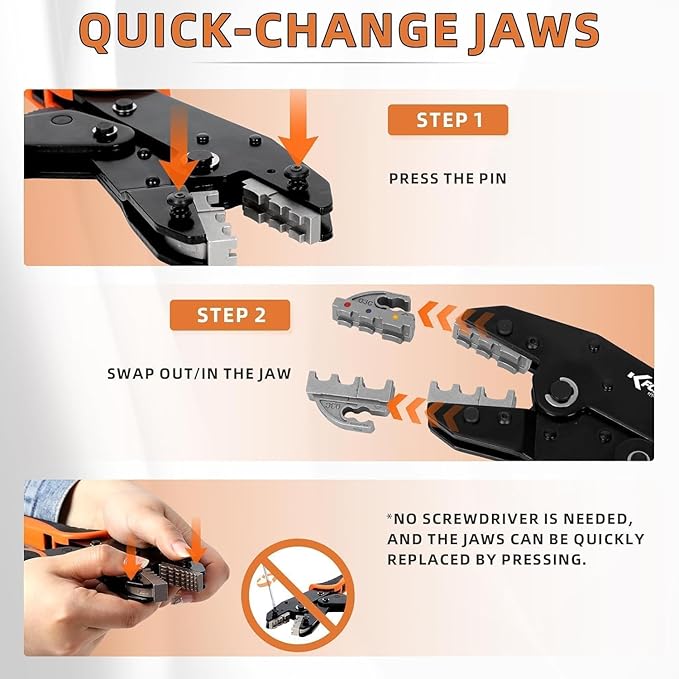 KF CPTEC Heavy Duty Crimping Tool Set, 9PCS Ratcheting Wire Crimper with Interchangeable Jaws, AWG 22-2 (0.5–35mm²), for Ferrules, Heat Shrink, Open Barrel, Insulated & Non-Insulated Terminals, Solar