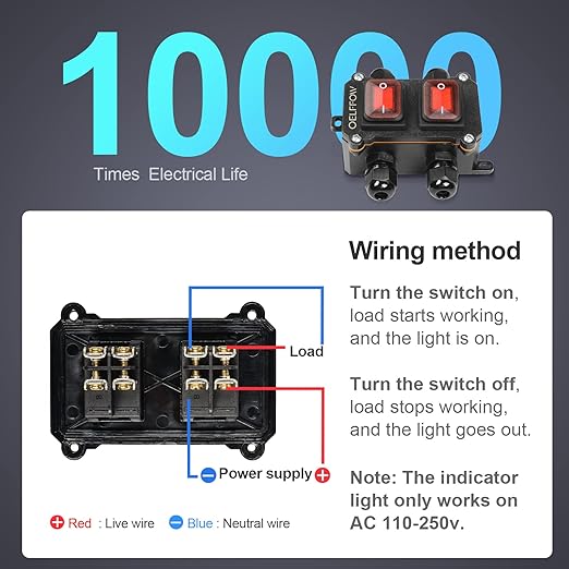 Waterproof On Off Toggle Switch Double Switch with Red Light Rocker Button Inline Cord Switch DPST AC/DC 20A-125V,16A-250V,30A-24V,35A-12V, IP66 4 Exit