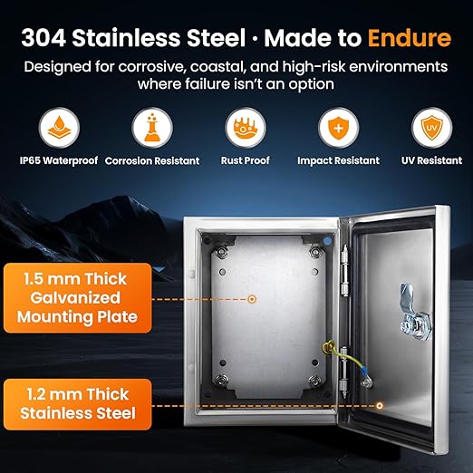 QILIPSU 304 Stainless Steel Electrical Box IP65 Waterproof Steel Project Enclosure Lockable Weatherproof Electric Junction Box for Indoor & Outdoor Use 10"x8"x6"