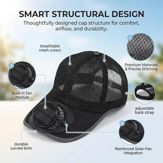 Solar Rechargeable Peak Cap USB Breathable Sport Fan Hat with Cooling Fan, Outdoor Running Hiking Fishing